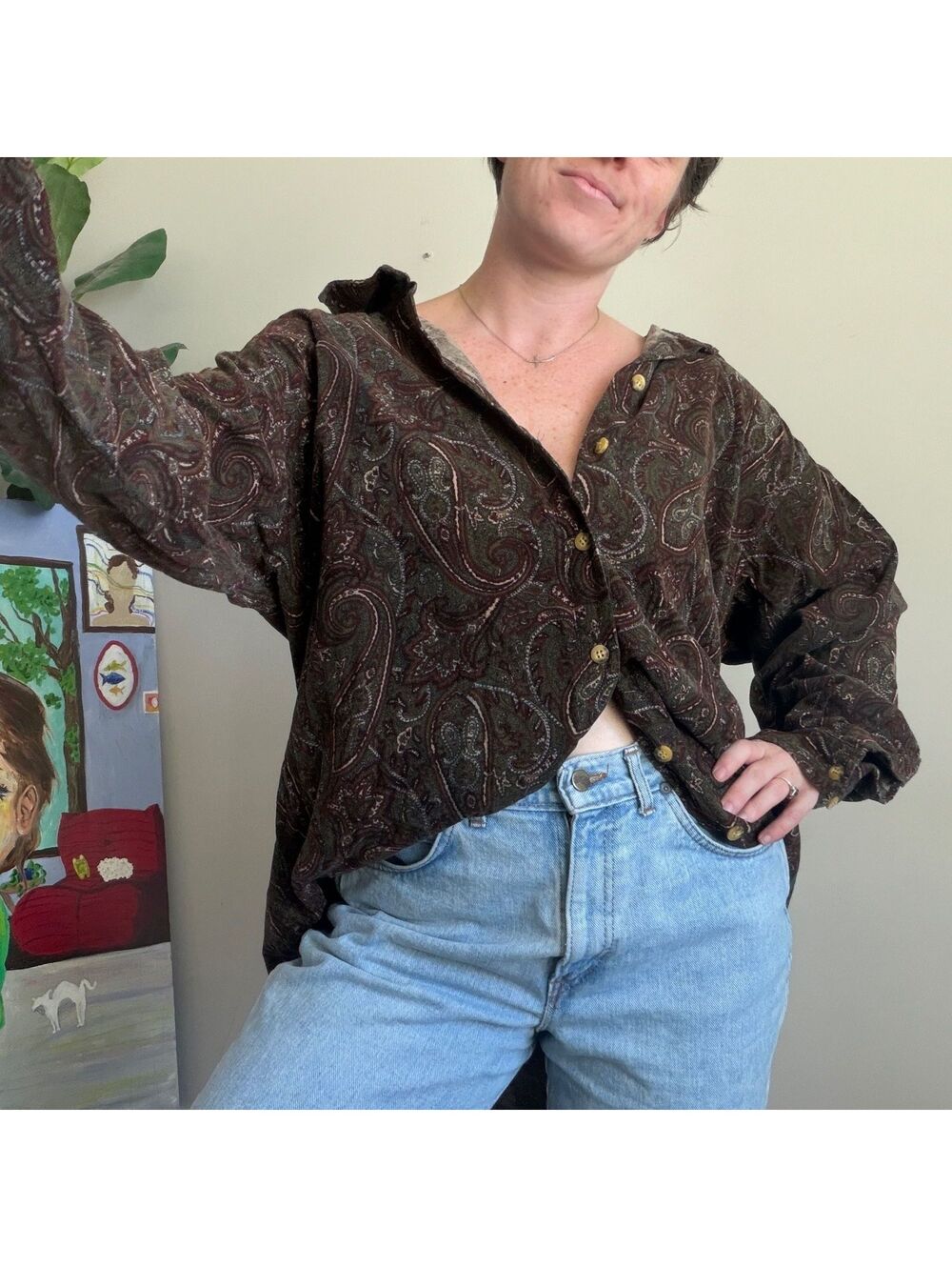 Vintage 90s paisley button up shirt brown paisley